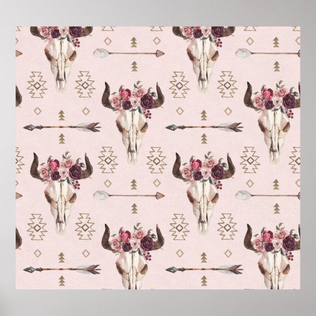 Boho arrows and skull, watercolor pattern. poster (Front)