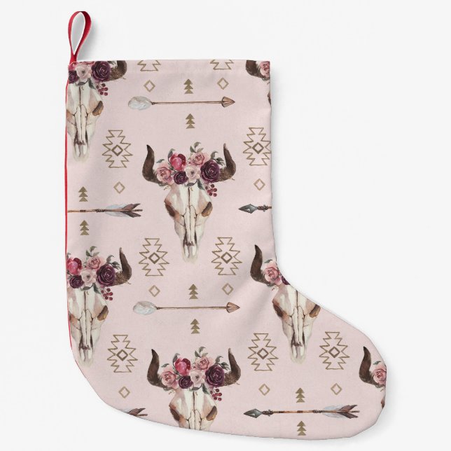 Boho arrows and skull, watercolor pattern. small christmas stocking (Front)