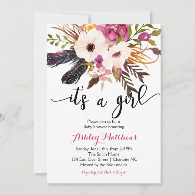Boho arrows feathers Floral Baby Shower Invitation (Front)