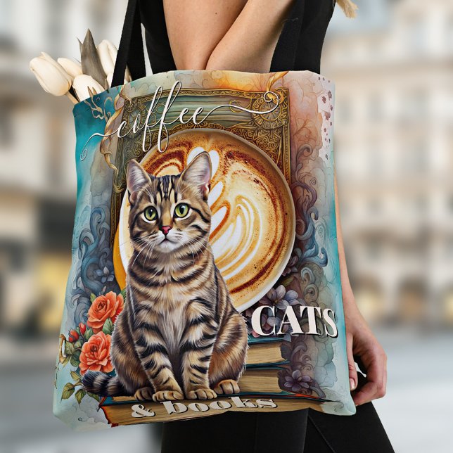 Boho Art Coffee Cats and Books Tote Bag (Personalized coffee, cats and books tote bag featuring a colorful bohemian artistic design)