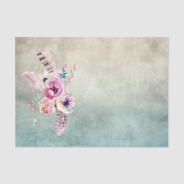 Boho Art Feathers and Flowers - Decoupage Tissue Paper (Front)