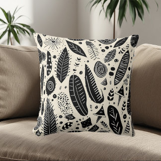 Boho Art Tribal Elements Black White Monochrome Cushion