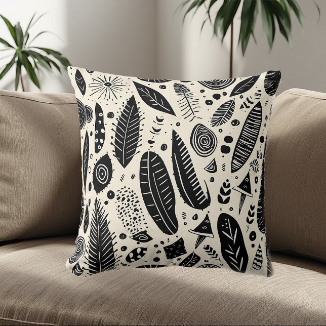 Boho Art Tribal Elements Black White Monochrome   Cushion (Boho Art Tribal Elements Black White Monochrome Throw Pillow)