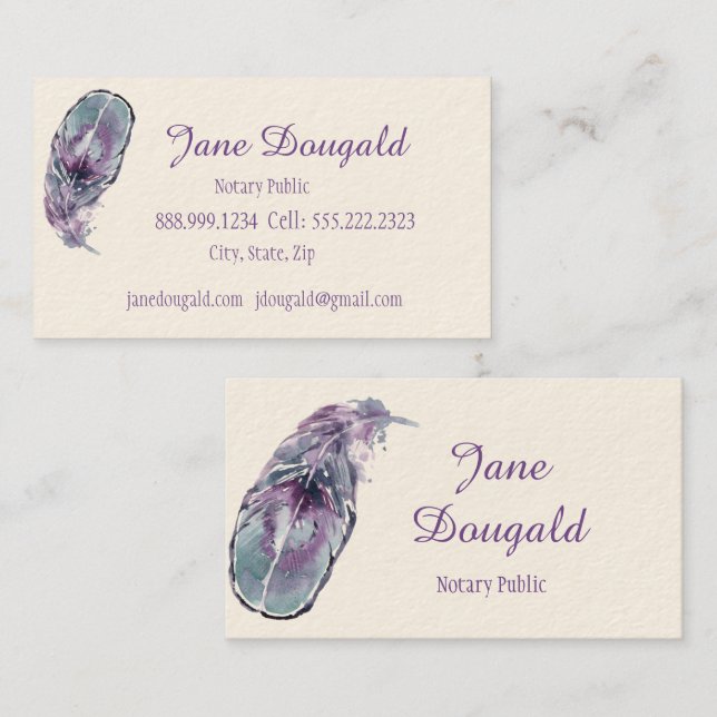 Boho Artistic Feather Pen Black Classic Notary Business Card (Front/Back)