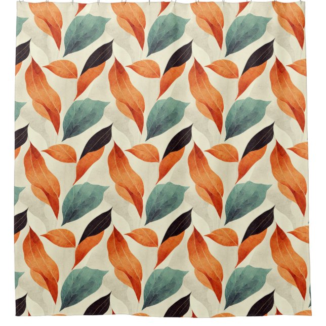 Boho artistic orange blue black leaves shower curtain (Front)