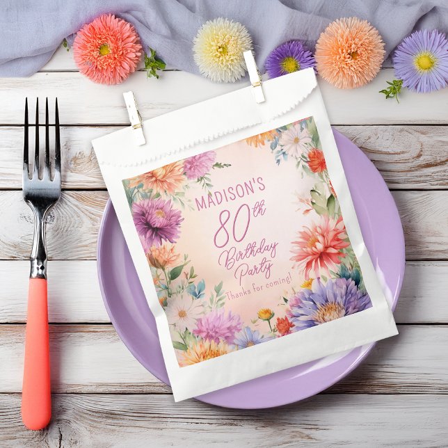 Boho Aster Flowers Floral 80th Birthday Party Favour Bag (Boho Aster Flowers Floral 80th Birthday Party Favor Bag)