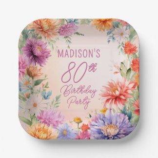 Boho Aster Flowers Floral 80th Birthday Party Paper Plate