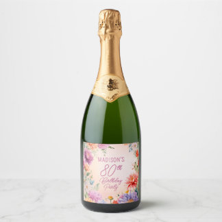 Boho Aster Flowers Floral 80th Birthday Party Sparkling Wine Label