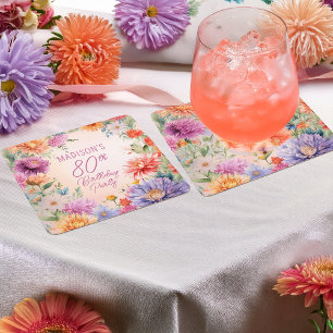Boho Aster Flowers Floral 80th Birthday Party Square Paper Coaster