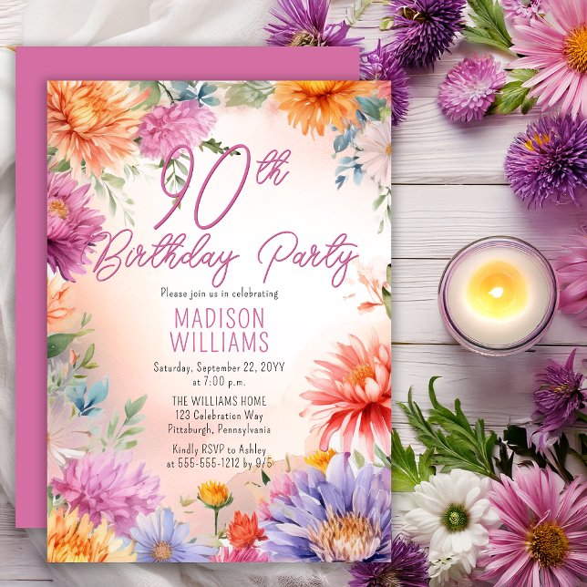 Boho Aster Flowers Floral 90th Birthday Party Invitation (Elegant Boho Aster Flowers Floral 90th Birthday Party Invitation - Print | Digital Download)