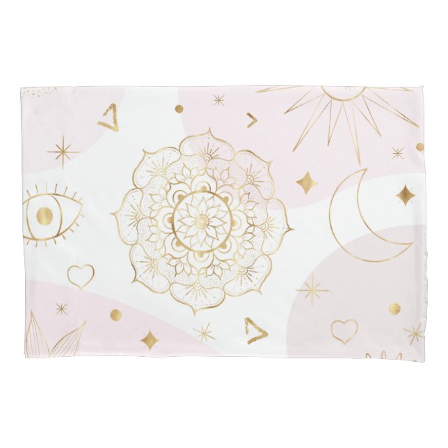 Boho Astrology Gold Celestial Pattern Pillowcase (Front-Left)