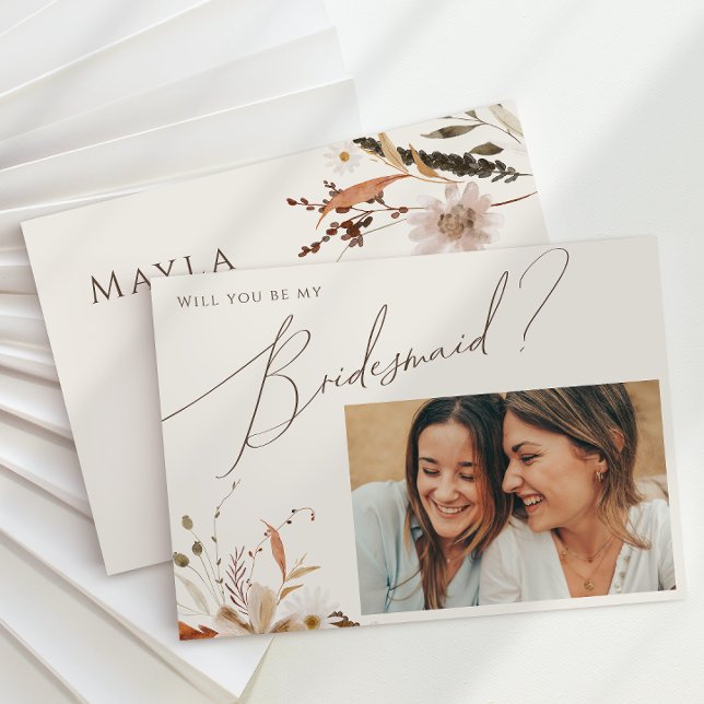 Boho Autumn Beige Photo Bridesmaid Proposal Card (Creator Uploaded)