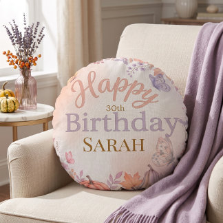 Boho Autumn Birthday Pumpkin Custom  Round Cushion