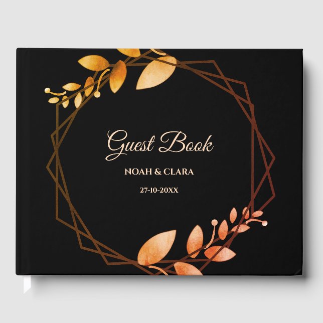 Boho autumn botanical gold frame wedding guest book (Front)