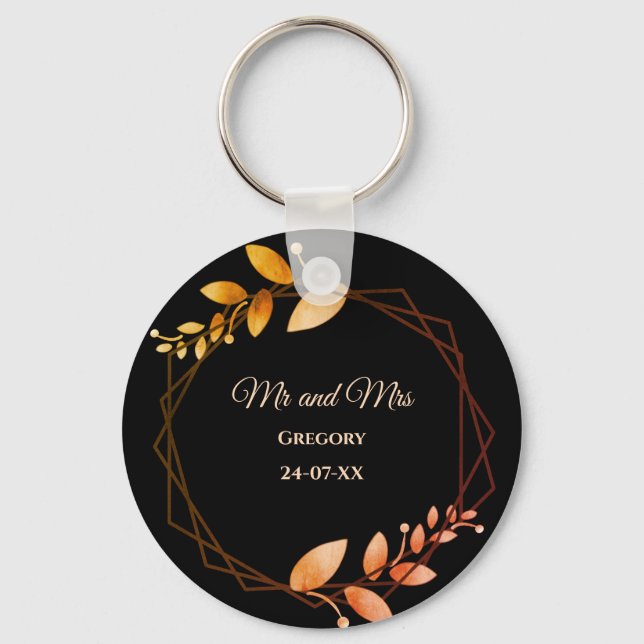 Boho autumn botanical gold frame wedding key ring (Front)