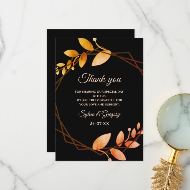 Boho autumn botanical gold frame wedding thank you card (Front/Back In Situ)