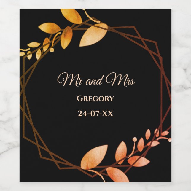 Boho autumn botanical gold frame wedding wine label (Single Label)