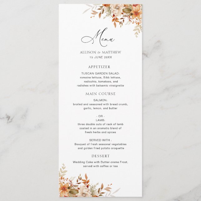 boho autumn fall florals wedding menu (Front)