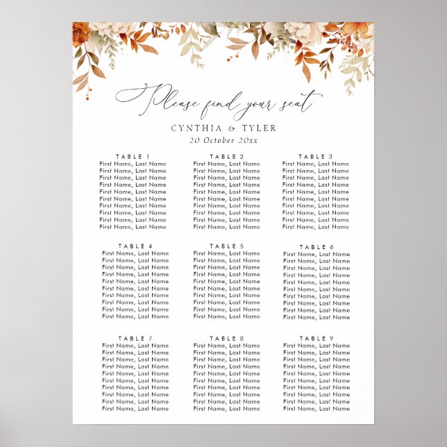 boho autumn fall florals wedding seating chart (Front)