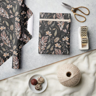 Boho Autumn Fall Foliage Rust Green On Black Wrapping Paper