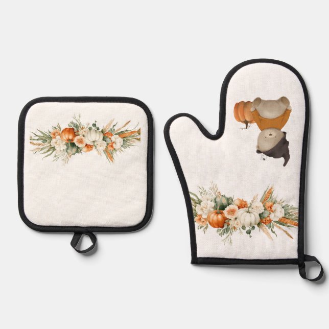 Boho Autumn Floral Arrangement Oven Mitt & Pot Holder Set (Front)