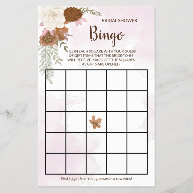 Boho Autumn Floral Bridal Shower Bingo Game Card (Front)