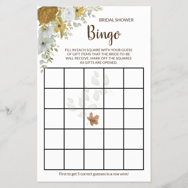 Boho Autumn Floral Bridal Shower Bingo Game Card F (Front)