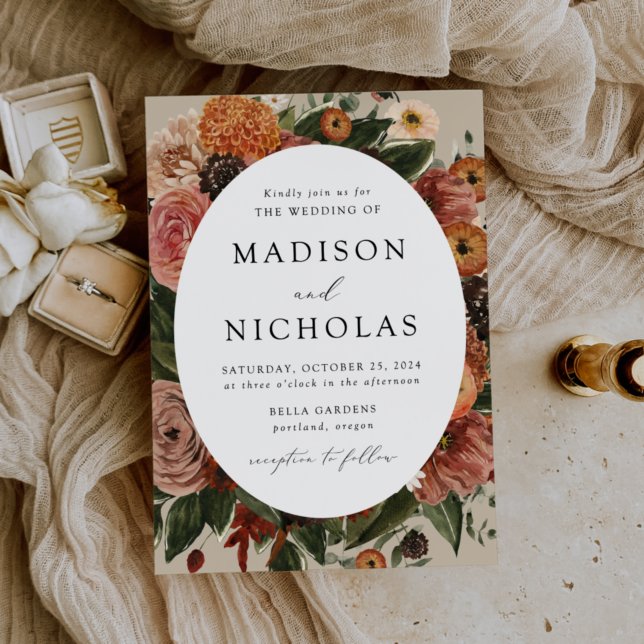 Boho Autumn Floral Oval Frame Wedding Invitation (Creator Uploaded)