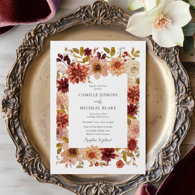 Boho Autumn Floral QR Code Wedding Invitation (Autumn Botanical QR Code Wedding Invitation)