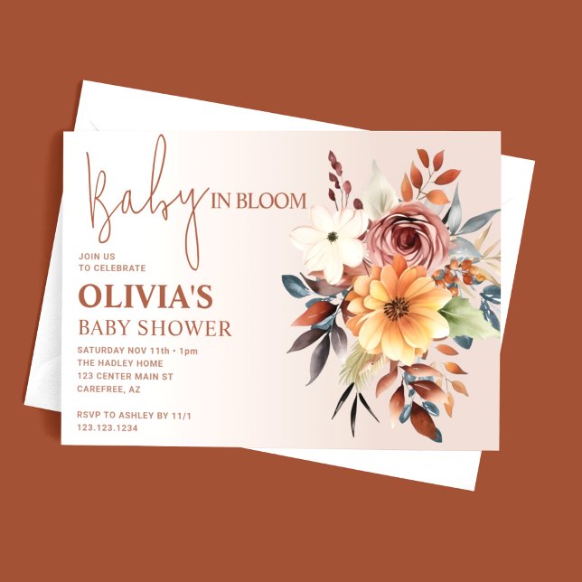 Boho Autumn Floral Terracotta Baby Shower Invitation (Creator Uploaded)