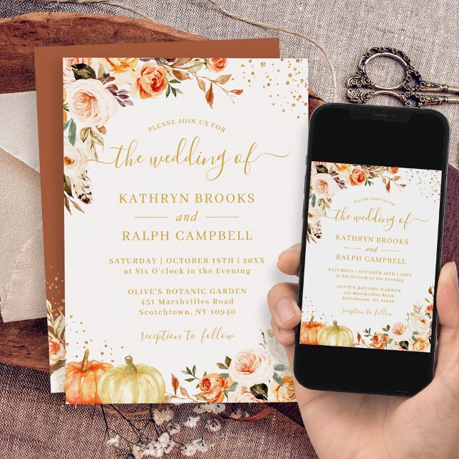 Boho Autumn Floral Terracotta Gold Pumpkin Wedding Invitation (Perfect for couples seeking a boho-chic wedding theme with a touch of autumnal charm.)