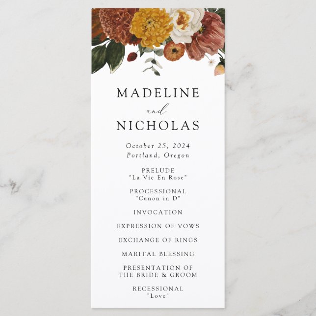 Boho Autumn Floral Wedding Ceremony Program (Front)