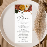 Boho Autumn Floral Wedding Menu<br><div class="desc">Rustic autumn wedding menu featuring a top border of watercolor flowers and greenery in muted autumnal colours of ivory, orange, mustard gold, olive green, dusty rose, and brown. Personalise with your names, wedding date, and menu information. The back of the fall floral wedding menu features a rich olive green watercolor...</div>