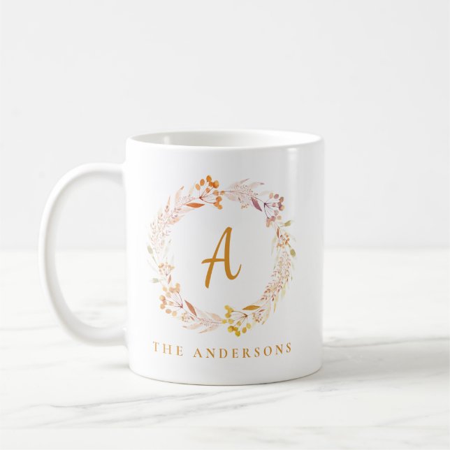 Boho Autumn Floral Wreath | Personalised Name  Coffee Mug (Left)