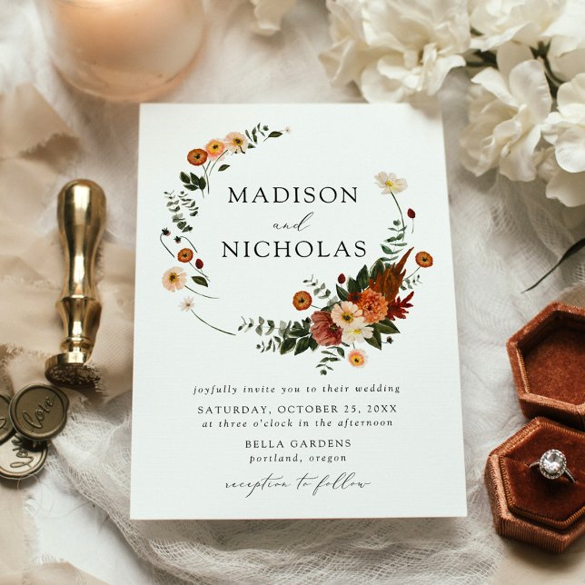 Boho Autumn Floral Wreath Wedding Invitation (Creator Uploaded)