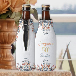 Boho Autumn Leaves 50th Birthday Personalized Bott Bottle Cooler