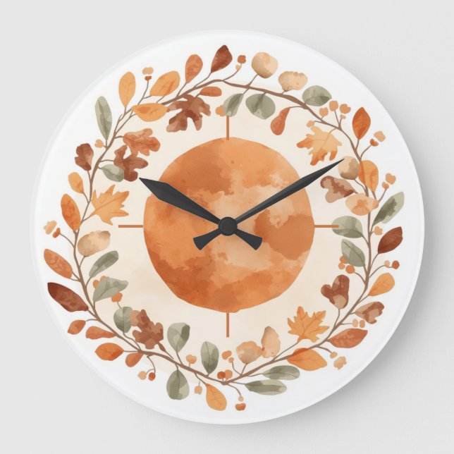 Boho Autumn Moon Botanical Watercolor Wall Clock (Front)