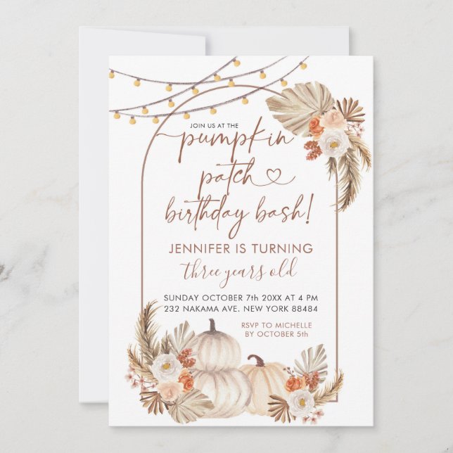 Boho Autumn Pumpkin Patch Birthday Bash Invitation (Front)