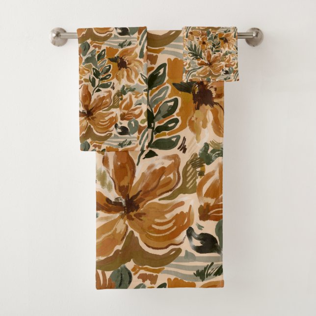 Boho Autumn Terracotta Floral Thanksgiving Fall Bath Towel Set (Insitu)