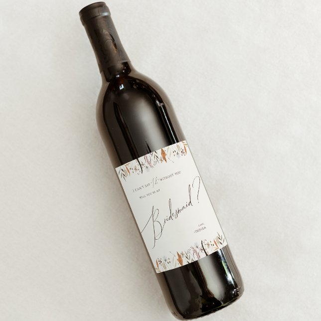Boho Autumn Wildflower | Beige Bridesmaid Proposal Wine Label (Creator Uploaded)