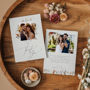 Boho Autumn Wildflower Beige Flat Photo Thank You Card