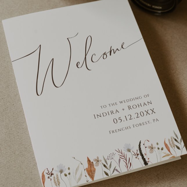 Boho Autumn Wildflower Beige Folded Wedding Program (Creator Uploaded)