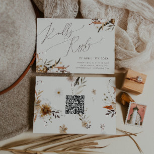 Boho Autumn Wildflower   Beige Horizontal QR Code RSVP Card