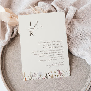 Boho Autumn Wildflower   Beige Monogram Wedding Invitation