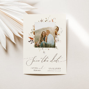 Boho Autumn Wildflower Beige Photo Frame Save The Date
