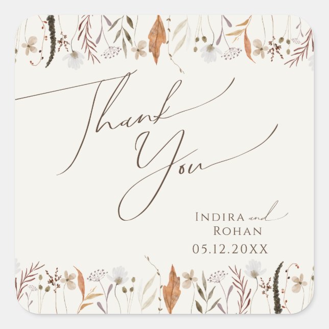 Boho Autumn Wildflower | Beige Wedding Thank You Square Sticker (Front)