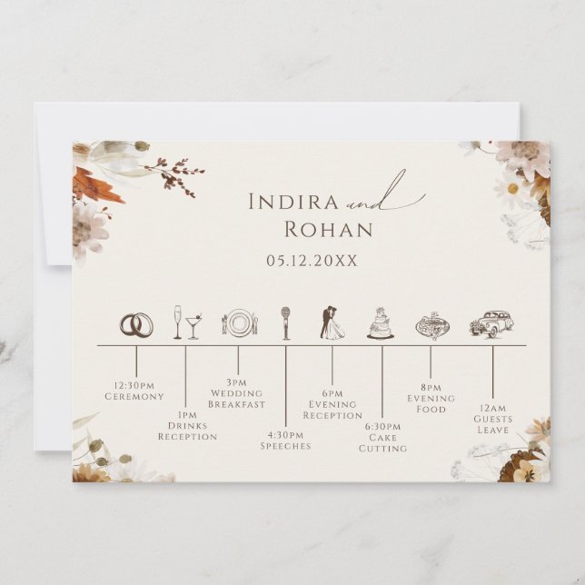 Boho Autumn Wildflower Beige Wedding Timeline Card (Front)