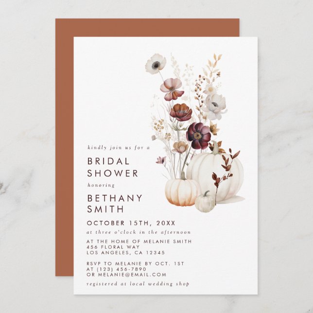 Boho Autumn Wildflower Pumpkin Bridal Shower Invitation (Front/Back)