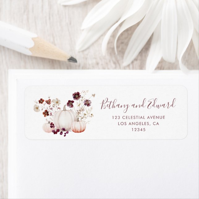 Boho Autumn Wildflower Pumpkin Wedding Return Address Label (Insitu)
