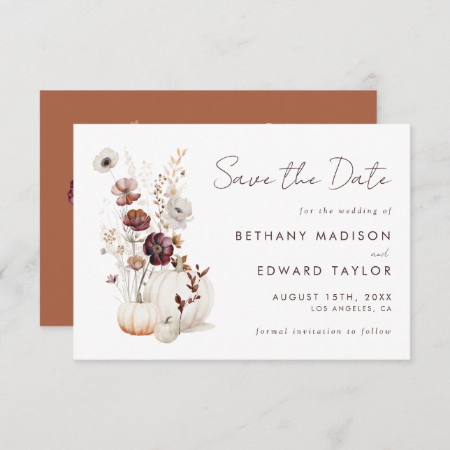 Boho Autumn Wildflower Pumpkin Wedding Save The Date (Front/Back)